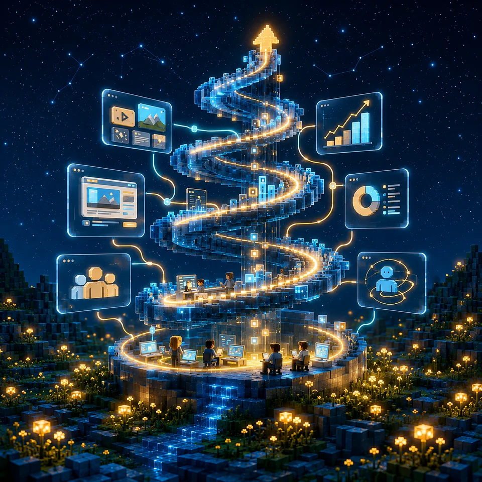 A connected sapphire growth system rising through a luminous night-time digital landscape
